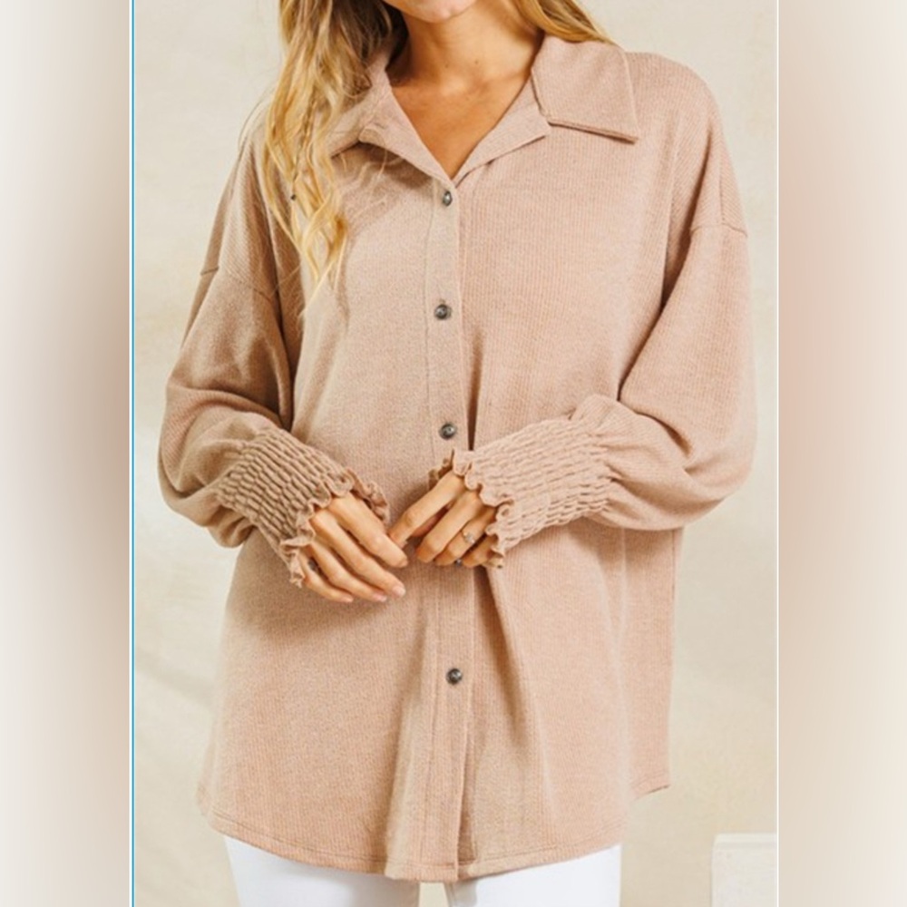 Women's Tan Button-Up Top With Smocked Sleeves